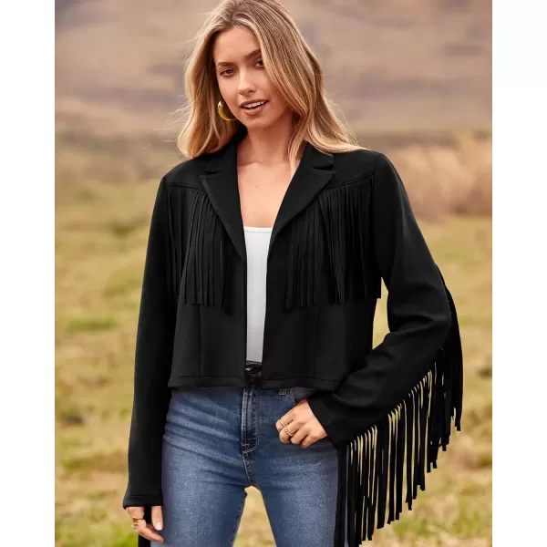 imageBTFBM Women Fashion Cropped Tassel Fringe Faux Suede Leather Jacket Fall Winter Long Sleeve Lapel Neck Moto Coat OutwearSolid Black