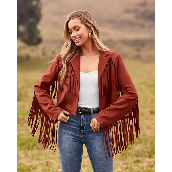 imageBTFBM Women Fashion Cropped Tassel Fringe Faux Suede Leather Jacket Fall Winter Long Sleeve Lapel Neck Moto Coat OutwearSolid Brick Red