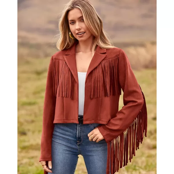 imageBTFBM Women Fashion Cropped Tassel Fringe Faux Suede Leather Jacket Fall Winter Long Sleeve Lapel Neck Moto Coat OutwearSolid Brick Red