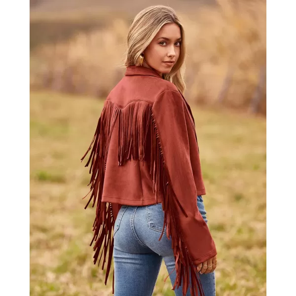 imageBTFBM Women Fashion Cropped Tassel Fringe Faux Suede Leather Jacket Fall Winter Long Sleeve Lapel Neck Moto Coat OutwearSolid Brick Red