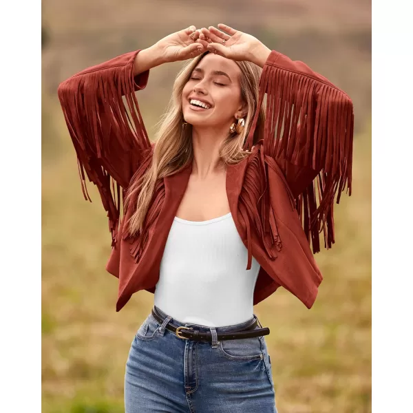 imageBTFBM Women Fashion Cropped Tassel Fringe Faux Suede Leather Jacket Fall Winter Long Sleeve Lapel Neck Moto Coat OutwearSolid Brick Red