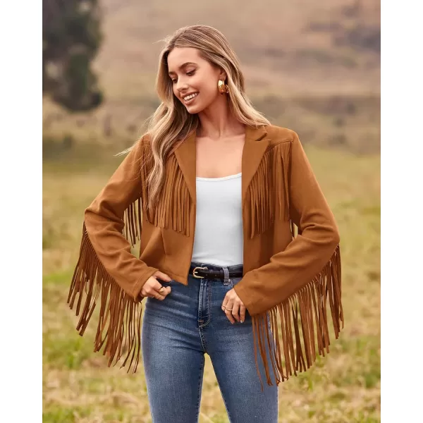 imageBTFBM Women Fashion Cropped Tassel Fringe Faux Suede Leather Jacket Fall Winter Long Sleeve Lapel Neck Moto Coat OutwearSolid Brown Yellow
