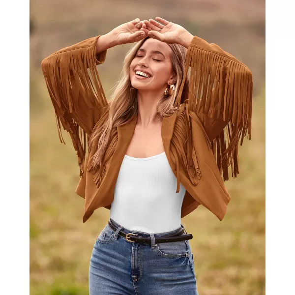 imageBTFBM Women Fashion Cropped Tassel Fringe Faux Suede Leather Jacket Fall Winter Long Sleeve Lapel Neck Moto Coat OutwearSolid Brown Yellow
