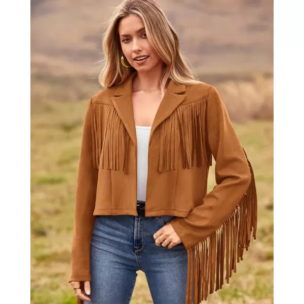 imageBTFBM Women Fashion Cropped Tassel Fringe Faux Suede Leather Jacket Fall Winter Long Sleeve Lapel Neck Moto Coat OutwearSolid Brown Yellow