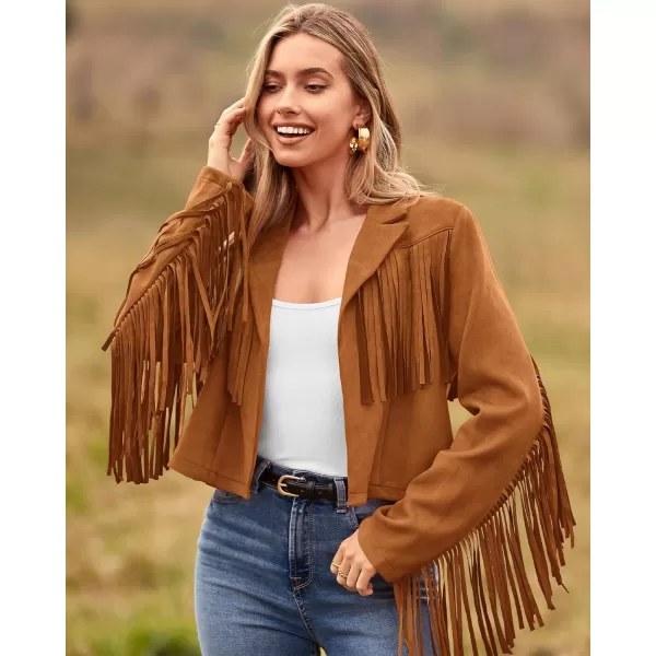 imageBTFBM Women Fashion Cropped Tassel Fringe Faux Suede Leather Jacket Fall Winter Long Sleeve Lapel Neck Moto Coat OutwearSolid Brown Yellow
