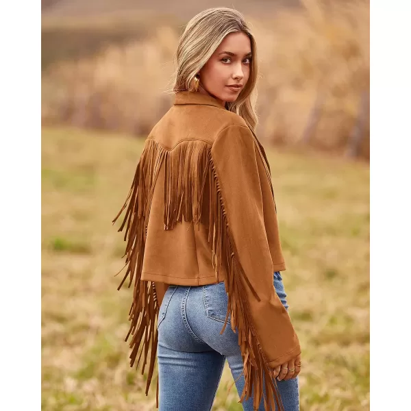 imageBTFBM Women Fashion Cropped Tassel Fringe Faux Suede Leather Jacket Fall Winter Long Sleeve Lapel Neck Moto Coat OutwearSolid Brown Yellow
