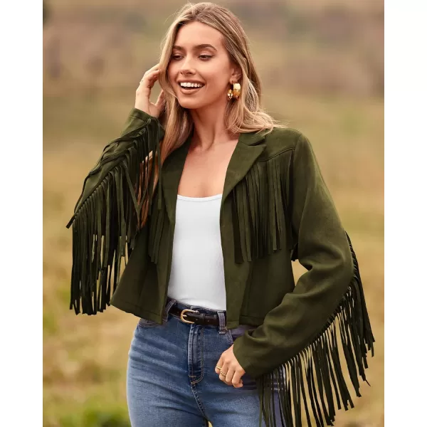 imageBTFBM Women Fashion Cropped Tassel Fringe Faux Suede Leather Jacket Fall Winter Long Sleeve Lapel Neck Moto Coat OutwearSolid Dark Army Green