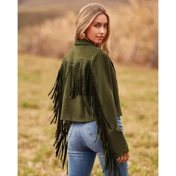 imageBTFBM Women Fashion Cropped Tassel Fringe Faux Suede Leather Jacket Fall Winter Long Sleeve Lapel Neck Moto Coat OutwearSolid Dark Army Green