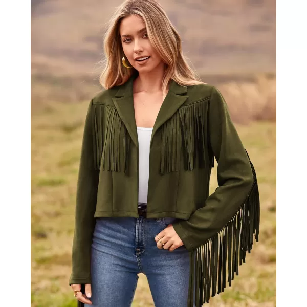 imageBTFBM Women Fashion Cropped Tassel Fringe Faux Suede Leather Jacket Fall Winter Long Sleeve Lapel Neck Moto Coat OutwearSolid Dark Army Green