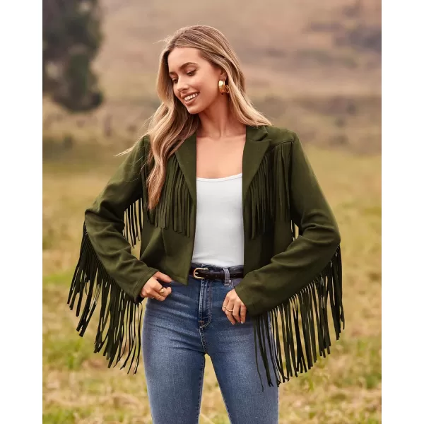 imageBTFBM Women Fashion Cropped Tassel Fringe Faux Suede Leather Jacket Fall Winter Long Sleeve Lapel Neck Moto Coat OutwearSolid Dark Army Green