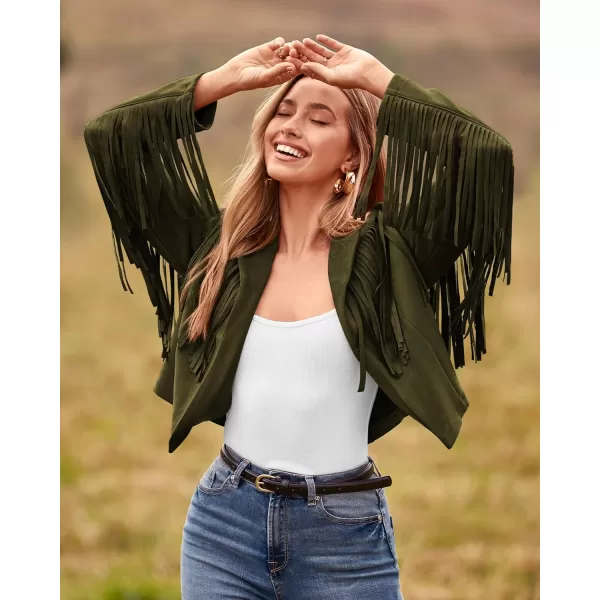 imageBTFBM Women Fashion Cropped Tassel Fringe Faux Suede Leather Jacket Fall Winter Long Sleeve Lapel Neck Moto Coat OutwearSolid Dark Army Green