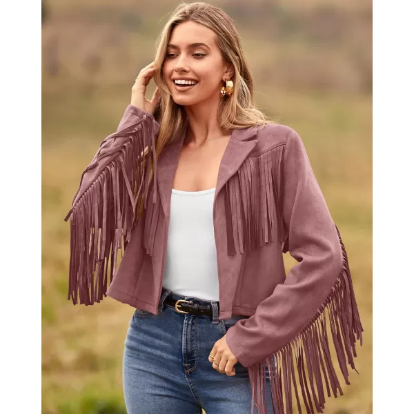 imageBTFBM Women Fashion Cropped Tassel Fringe Faux Suede Leather Jacket Fall Winter Long Sleeve Lapel Neck Moto Coat OutwearSolid Dark Pink