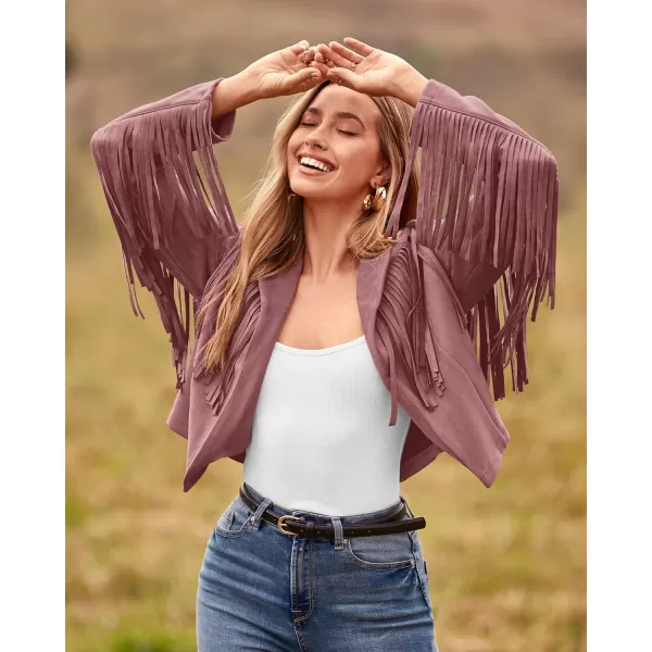 imageBTFBM Women Fashion Cropped Tassel Fringe Faux Suede Leather Jacket Fall Winter Long Sleeve Lapel Neck Moto Coat OutwearSolid Dark Pink