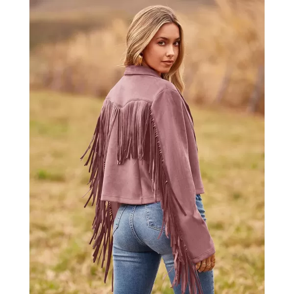 imageBTFBM Women Fashion Cropped Tassel Fringe Faux Suede Leather Jacket Fall Winter Long Sleeve Lapel Neck Moto Coat OutwearSolid Dark Pink