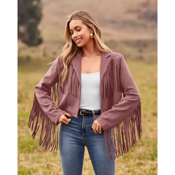 imageBTFBM Women Fashion Cropped Tassel Fringe Faux Suede Leather Jacket Fall Winter Long Sleeve Lapel Neck Moto Coat OutwearSolid Dark Pink