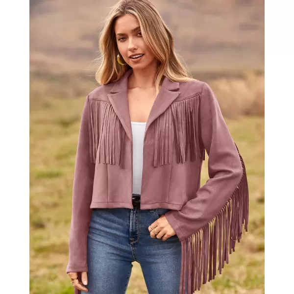 imageBTFBM Women Fashion Cropped Tassel Fringe Faux Suede Leather Jacket Fall Winter Long Sleeve Lapel Neck Moto Coat OutwearSolid Dark Pink