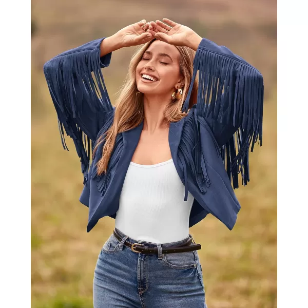 imageBTFBM Women Fashion Cropped Tassel Fringe Faux Suede Leather Jacket Fall Winter Long Sleeve Lapel Neck Moto Coat OutwearSolid Haze Blue