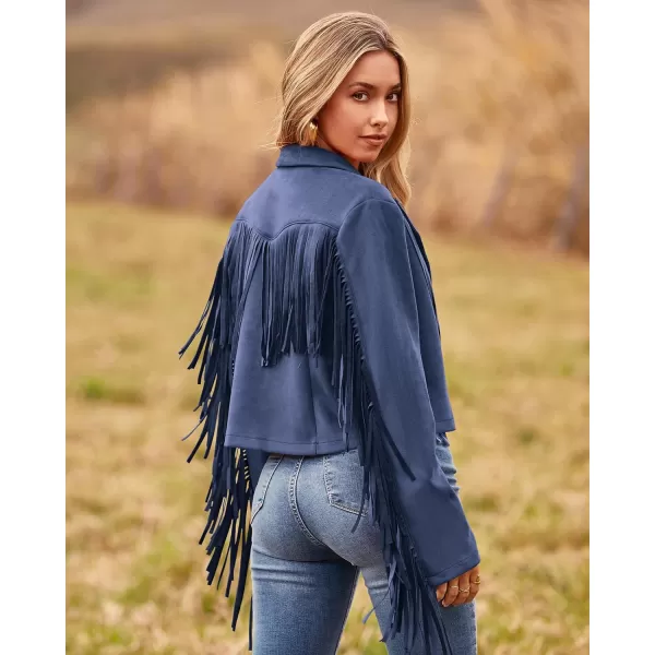 imageBTFBM Women Fashion Cropped Tassel Fringe Faux Suede Leather Jacket Fall Winter Long Sleeve Lapel Neck Moto Coat OutwearSolid Haze Blue