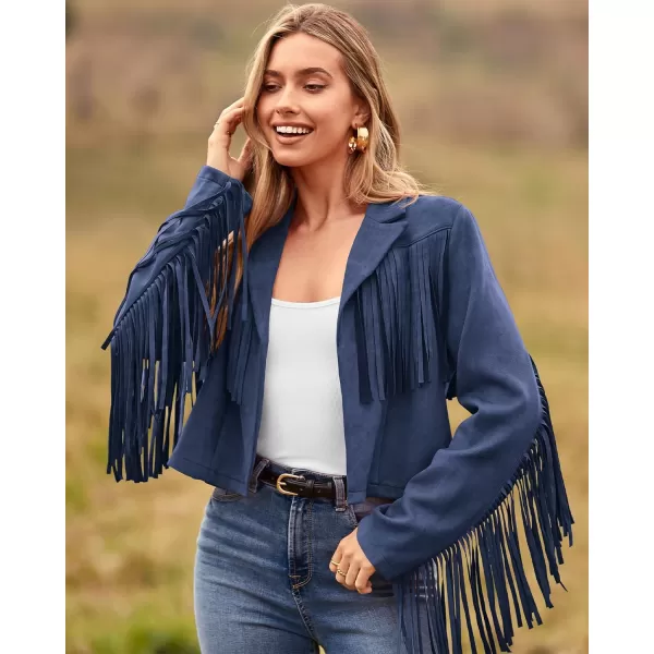 imageBTFBM Women Fashion Cropped Tassel Fringe Faux Suede Leather Jacket Fall Winter Long Sleeve Lapel Neck Moto Coat OutwearSolid Haze Blue
