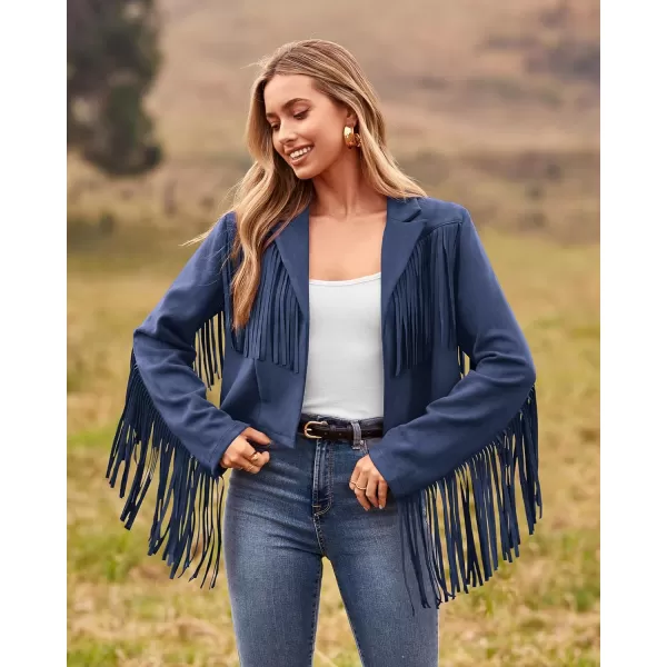 imageBTFBM Women Fashion Cropped Tassel Fringe Faux Suede Leather Jacket Fall Winter Long Sleeve Lapel Neck Moto Coat OutwearSolid Haze Blue