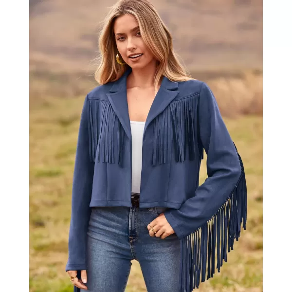 imageBTFBM Women Fashion Cropped Tassel Fringe Faux Suede Leather Jacket Fall Winter Long Sleeve Lapel Neck Moto Coat OutwearSolid Haze Blue