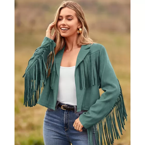 imageBTFBM Women Fashion Cropped Tassel Fringe Faux Suede Leather Jacket Fall Winter Long Sleeve Lapel Neck Moto Coat OutwearSolid Mint Green