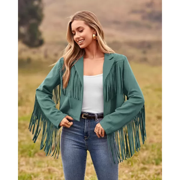 imageBTFBM Women Fashion Cropped Tassel Fringe Faux Suede Leather Jacket Fall Winter Long Sleeve Lapel Neck Moto Coat OutwearSolid Mint Green