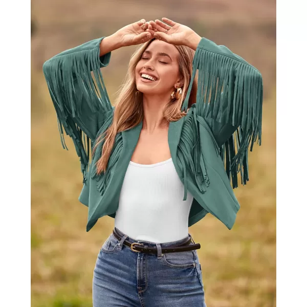 imageBTFBM Women Fashion Cropped Tassel Fringe Faux Suede Leather Jacket Fall Winter Long Sleeve Lapel Neck Moto Coat OutwearSolid Mint Green
