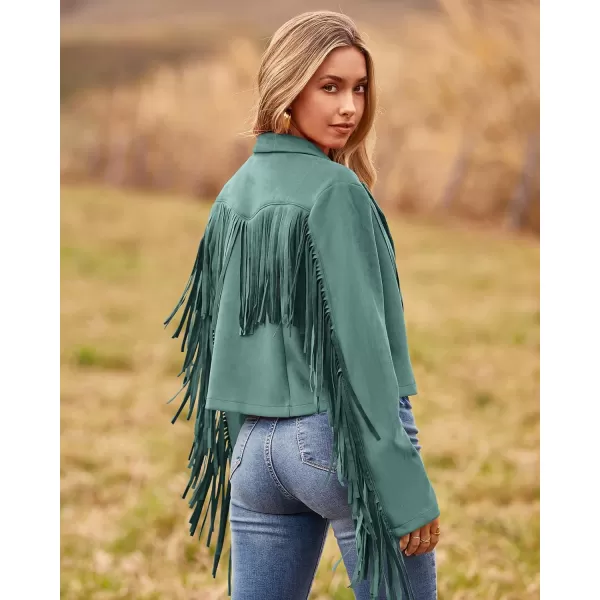 imageBTFBM Women Fashion Cropped Tassel Fringe Faux Suede Leather Jacket Fall Winter Long Sleeve Lapel Neck Moto Coat OutwearSolid Mint Green