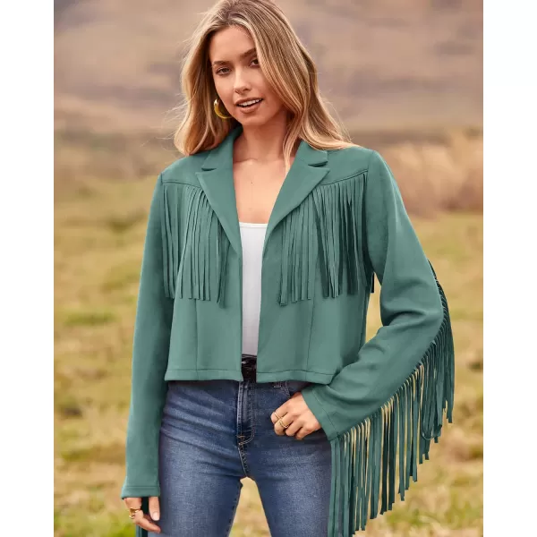imageBTFBM Women Fashion Cropped Tassel Fringe Faux Suede Leather Jacket Fall Winter Long Sleeve Lapel Neck Moto Coat OutwearSolid Mint Green