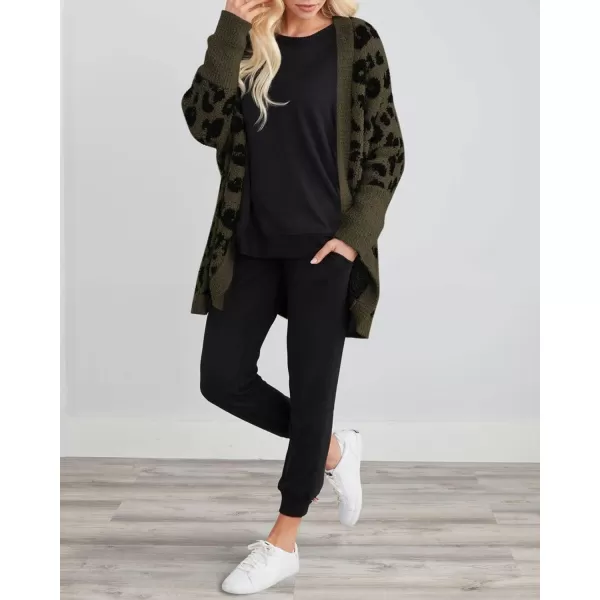 imageBTFBM Women Fashion Leopard Print Long Sleeve Sweater Cardigan Loose Knit Open Front Fall Winter Outwear CoatsLeopard Army Green