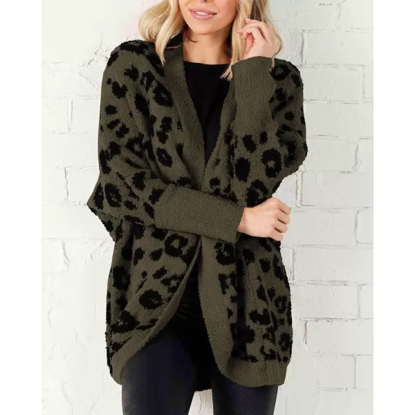 imageBTFBM Women Fashion Leopard Print Long Sleeve Sweater Cardigan Loose Knit Open Front Fall Winter Outwear CoatsLeopard Army Green