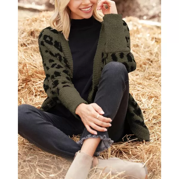 imageBTFBM Women Fashion Leopard Print Long Sleeve Sweater Cardigan Loose Knit Open Front Fall Winter Outwear CoatsLeopard Army Green