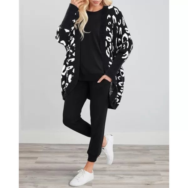 imageBTFBM Women Fashion Leopard Print Long Sleeve Sweater Cardigan Loose Knit Open Front Fall Winter Outwear CoatsLeopard Black