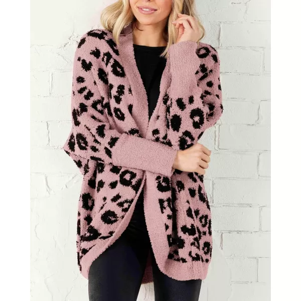 imageBTFBM Women Fashion Leopard Print Long Sleeve Sweater Cardigan Loose Knit Open Front Fall Winter Outwear CoatsLeopard Pink