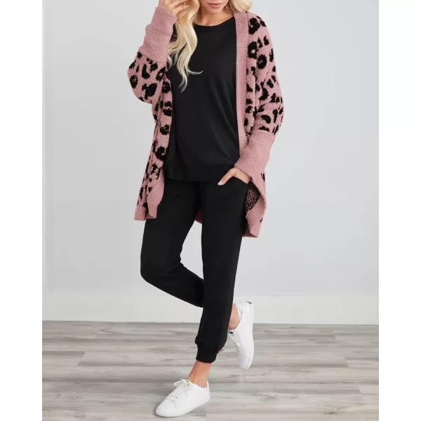 imageBTFBM Women Fashion Leopard Print Long Sleeve Sweater Cardigan Loose Knit Open Front Fall Winter Outwear CoatsLeopard Pink