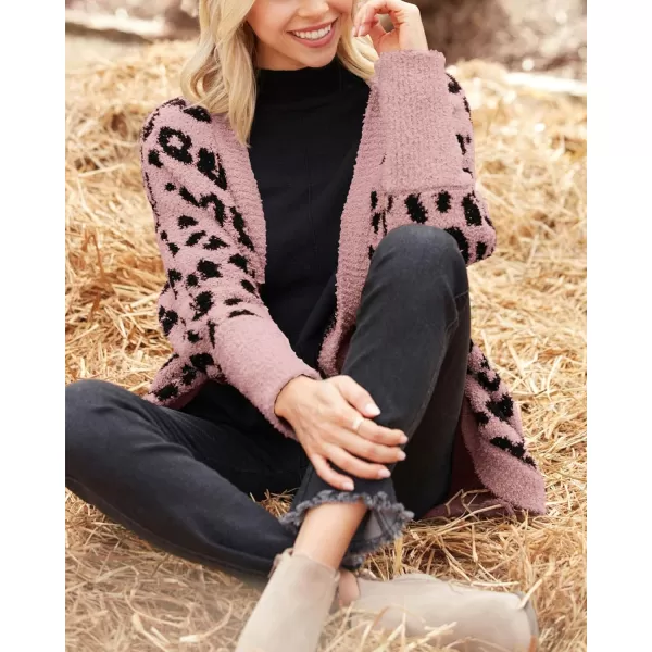 imageBTFBM Women Fashion Leopard Print Long Sleeve Sweater Cardigan Loose Knit Open Front Fall Winter Outwear CoatsLeopard Pink