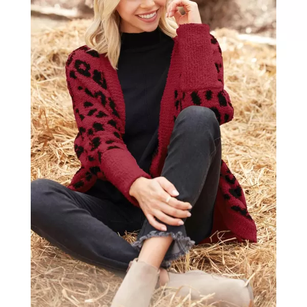 imageBTFBM Women Fashion Leopard Print Long Sleeve Sweater Cardigan Loose Knit Open Front Fall Winter Outwear CoatsLeopard Red