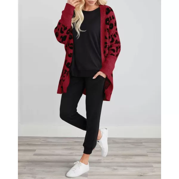 imageBTFBM Women Fashion Leopard Print Long Sleeve Sweater Cardigan Loose Knit Open Front Fall Winter Outwear CoatsLeopard Red