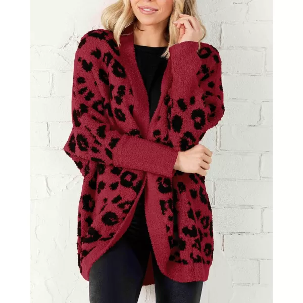 imageBTFBM Women Fashion Leopard Print Long Sleeve Sweater Cardigan Loose Knit Open Front Fall Winter Outwear CoatsLeopard Red