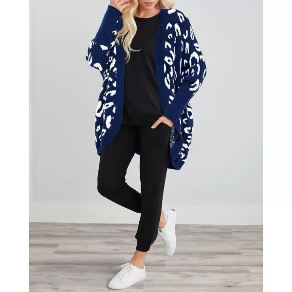 imageBTFBM Women Fashion Leopard Print Long Sleeve Sweater Cardigan Loose Knit Open Front Fall Winter Outwear CoatsLeopard Royal Blue