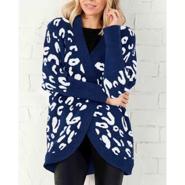 imageBTFBM Women Fashion Leopard Print Long Sleeve Sweater Cardigan Loose Knit Open Front Fall Winter Outwear CoatsLeopard Royal Blue