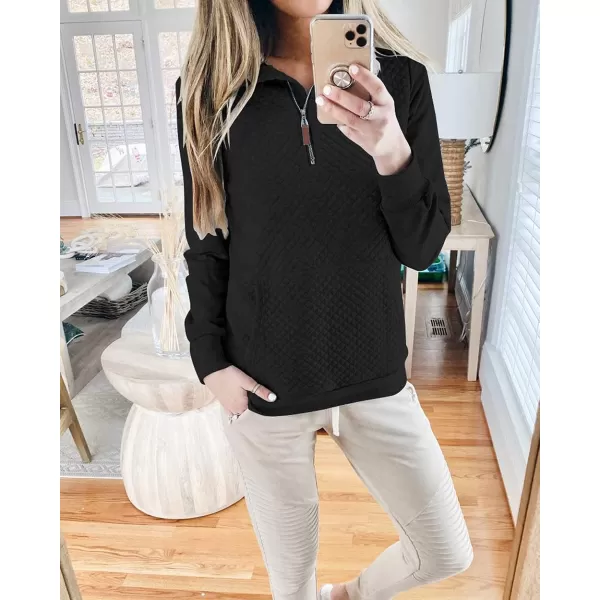 imageBTFBM Women Fashion Quilted Pattern Lightweight Zipper Long Sleeve Plain Casual Ladies Sweatshirts Pullovers Shirts TopsBlack