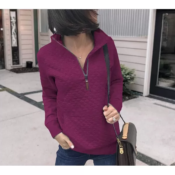 imageBTFBM Women Fashion Quilted Pattern Lightweight Zipper Long Sleeve Plain Casual Ladies Sweatshirts Pullovers Shirts TopsPurple Red