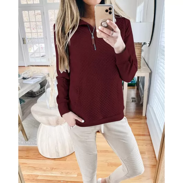 imageBTFBM Women Fashion Quilted Pattern Lightweight Zipper Long Sleeve Plain Casual Ladies Sweatshirts Pullovers Shirts TopsWine Red