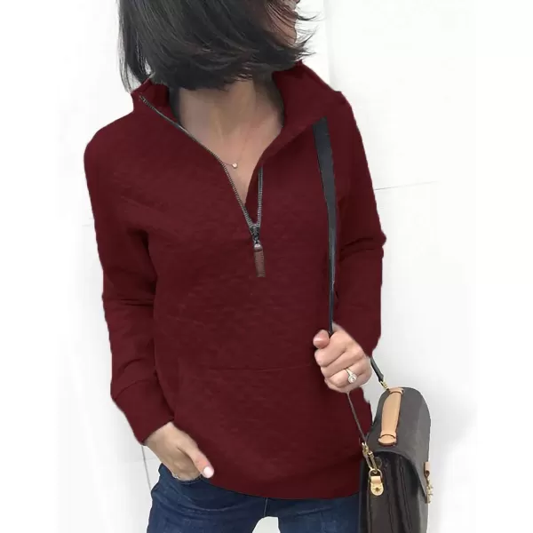 imageBTFBM Women Fashion Quilted Pattern Lightweight Zipper Long Sleeve Plain Casual Ladies Sweatshirts Pullovers Shirts TopsWine Red