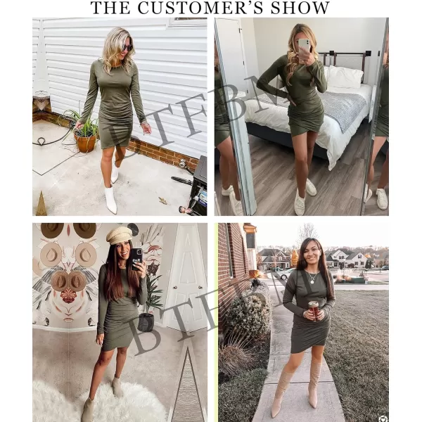 imageBTFBM Women Fashion Ruched Elegant Bodycon Long Sleeve Wrap Front Solid Color Casual Basic Fitted Short DressesArmy Green