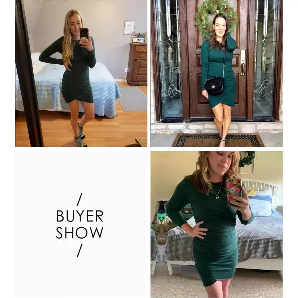 imageBTFBM Women Fashion Ruched Elegant Bodycon Long Sleeve Wrap Front Solid Color Casual Basic Fitted Short DressesDark Green