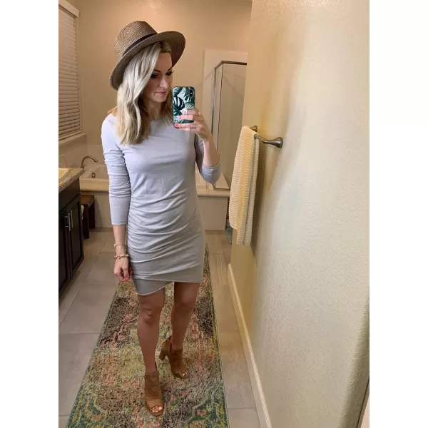 imageBTFBM Women Fashion Ruched Elegant Bodycon Long Sleeve Wrap Front Solid Color Casual Basic Fitted Short DressesGrey