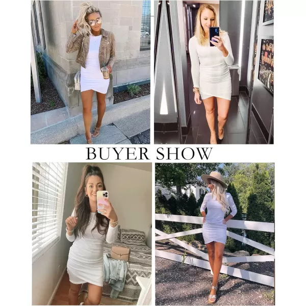 imageBTFBM Women Fashion Ruched Elegant Bodycon Long Sleeve Wrap Front Solid Color Casual Basic Fitted Short DressesWhite